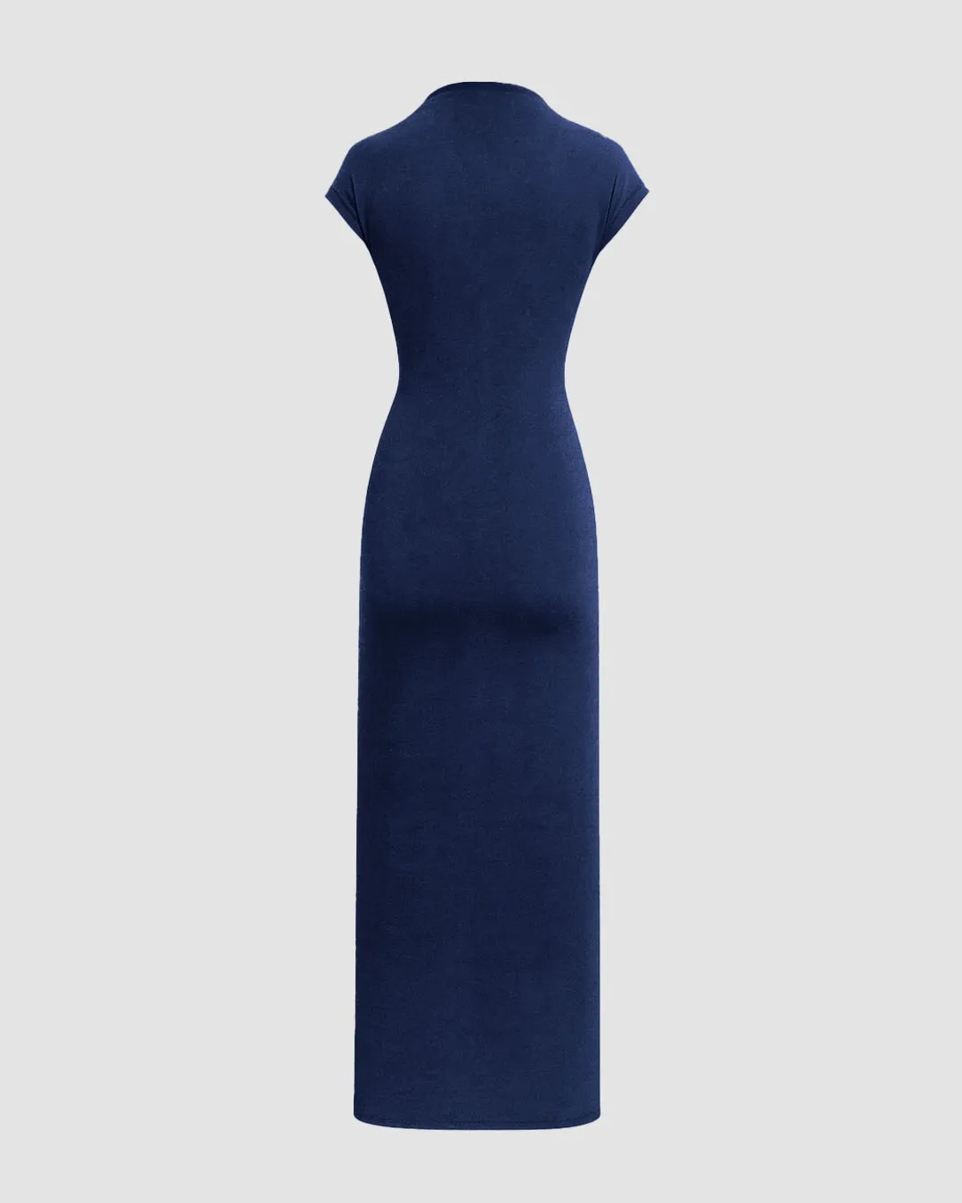 Asymmetrical Neck Ruched Fit Navy Blue Maxi Dress - Image 3