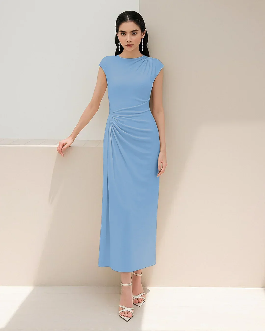 Asymmetric Ruched Cap Sleeve Maxi Dress in Powder Blue - Image 2