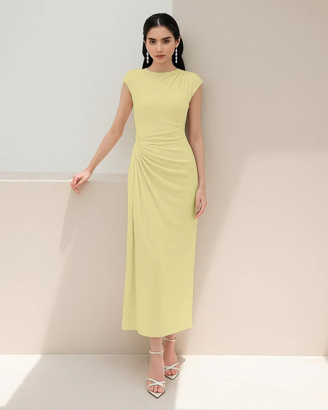 High Neck Bodycon Dress in Yellow - Image 2