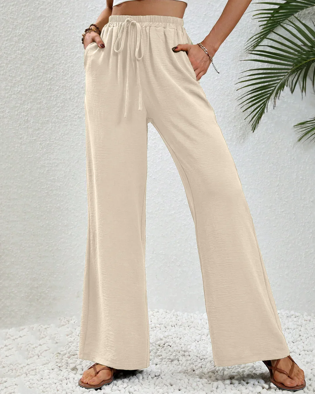 High-Rise Drawstring Wide Leg Pants in Beige - Image 2