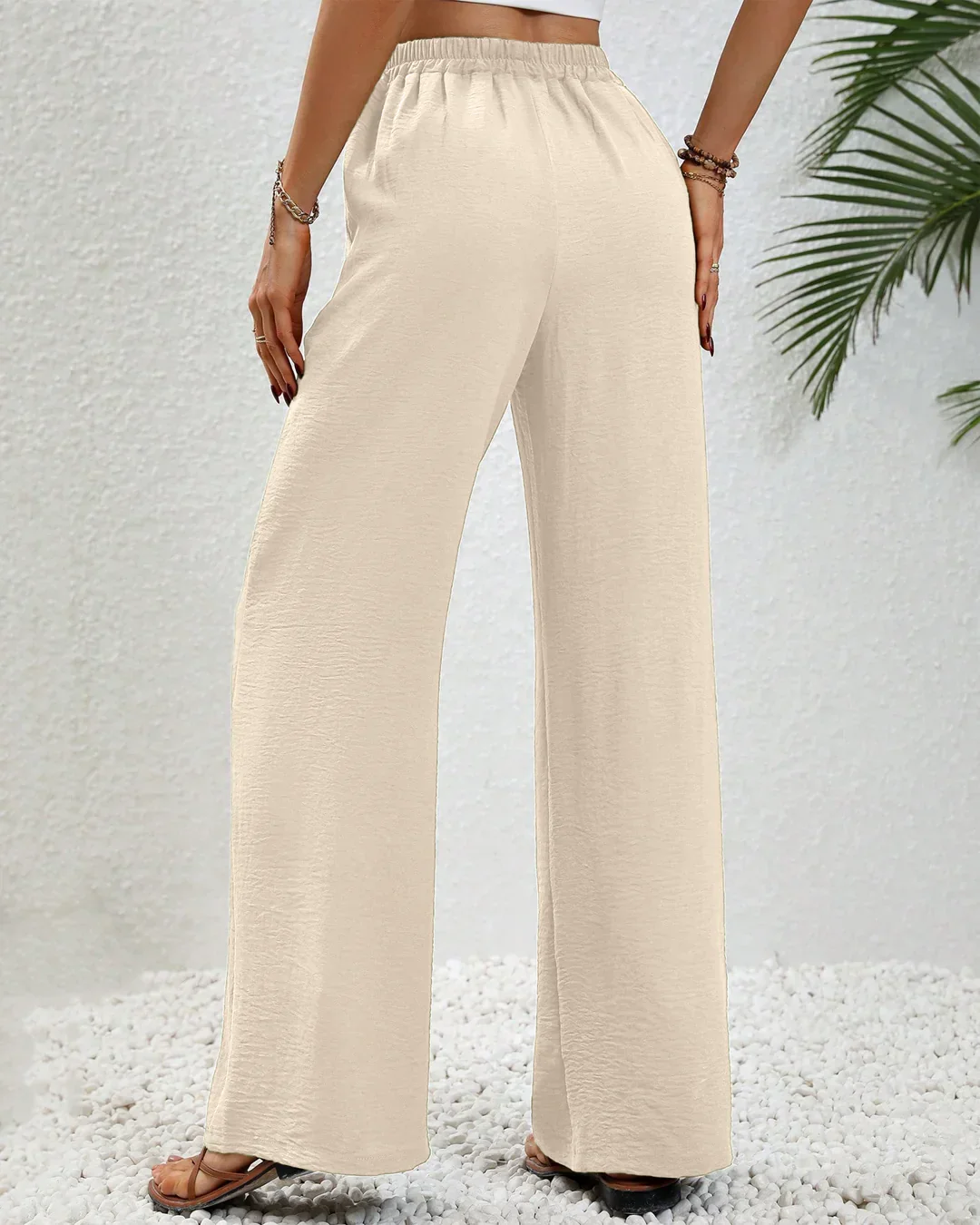 High-Rise Drawstring Wide Leg Pants in Beige - Image 3