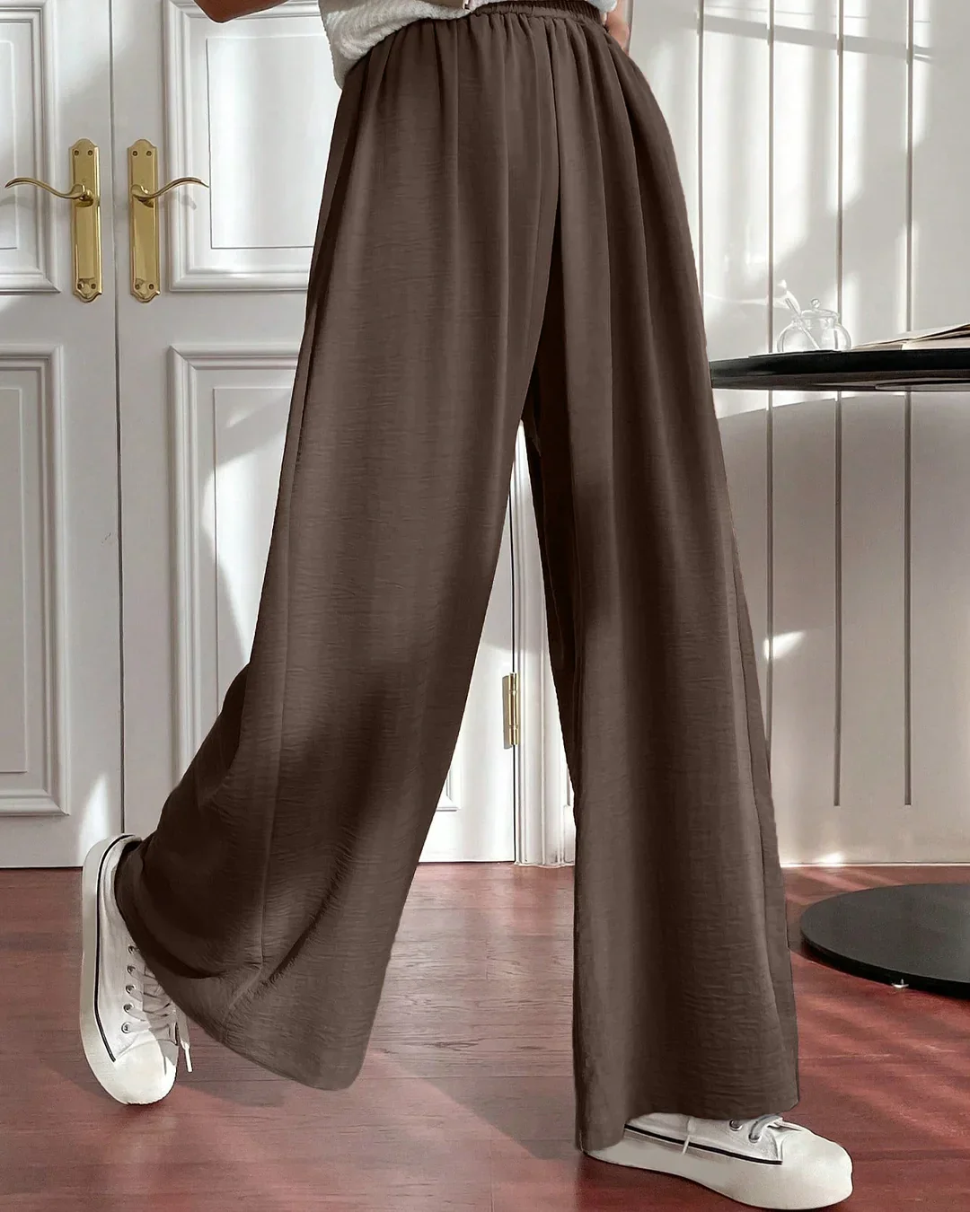 High-Rise Drawstring Wide Leg Pants in Chocolate - Image 2