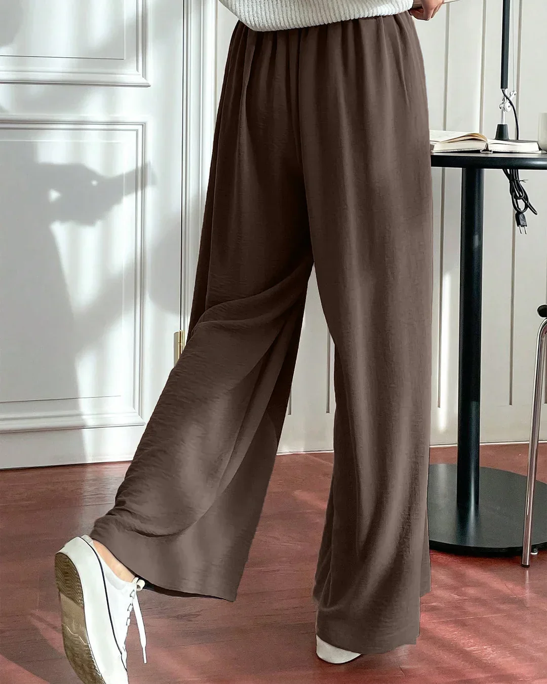 High-Rise Drawstring Wide Leg Pants in Chocolate - Image 3