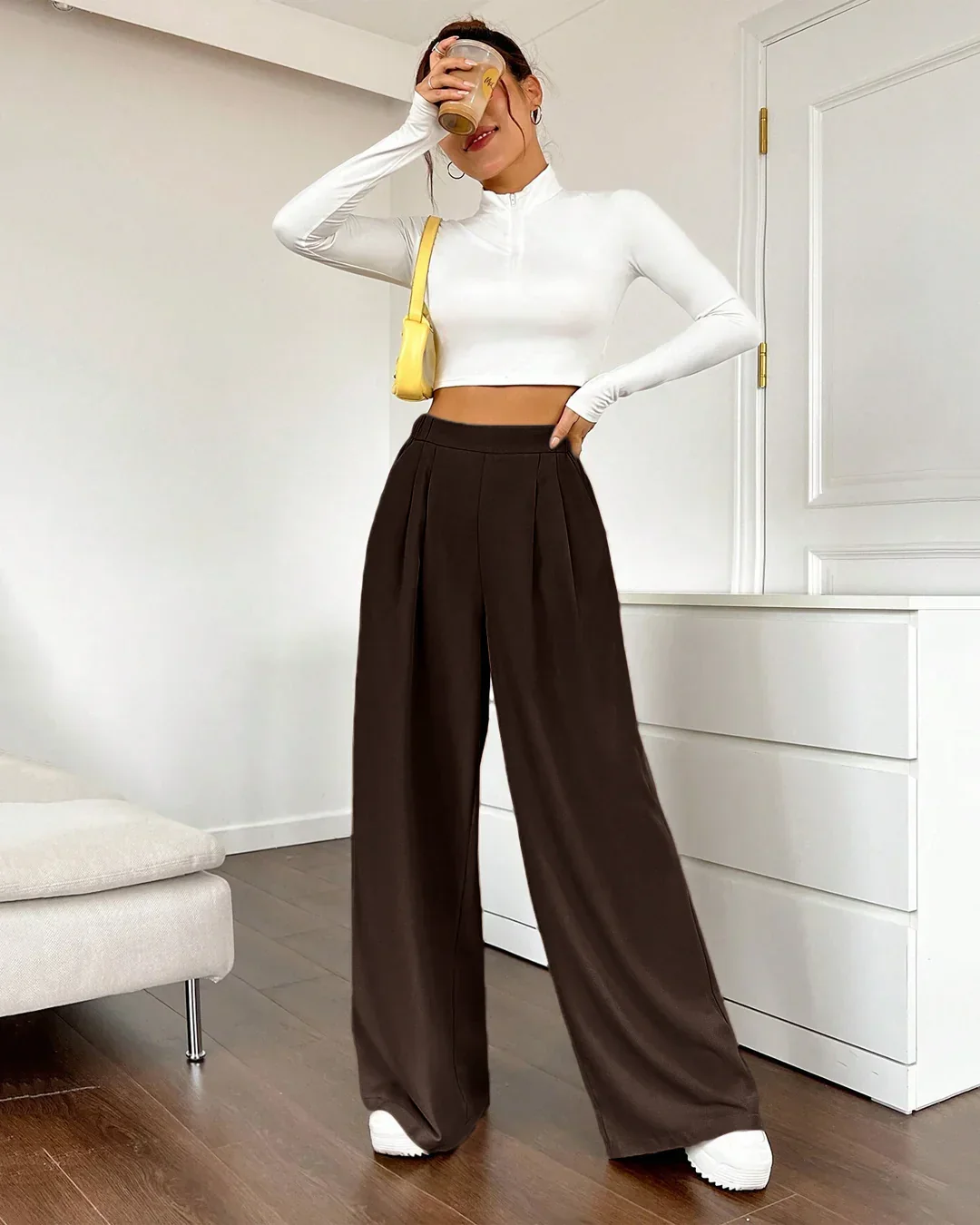 High-Rise Wide-Leg Trousers with Pockets in Coco - Image 3