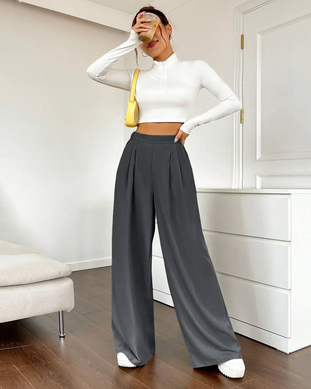 High-Rise Wide-Leg Trousers with Pockets in Dark Grey - Image 3