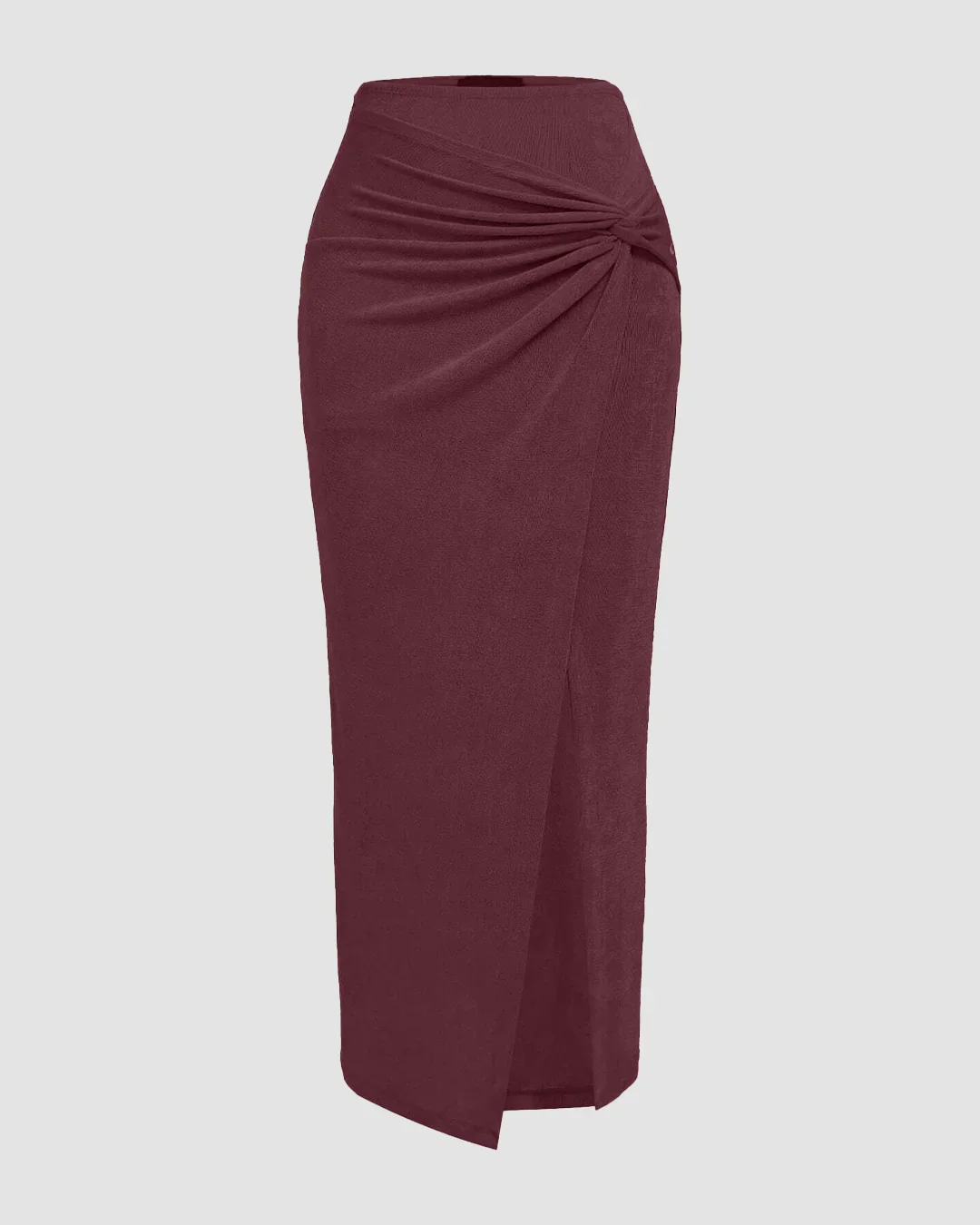 High-Waist Draped Side-Slit Midi Skirt in Maroon