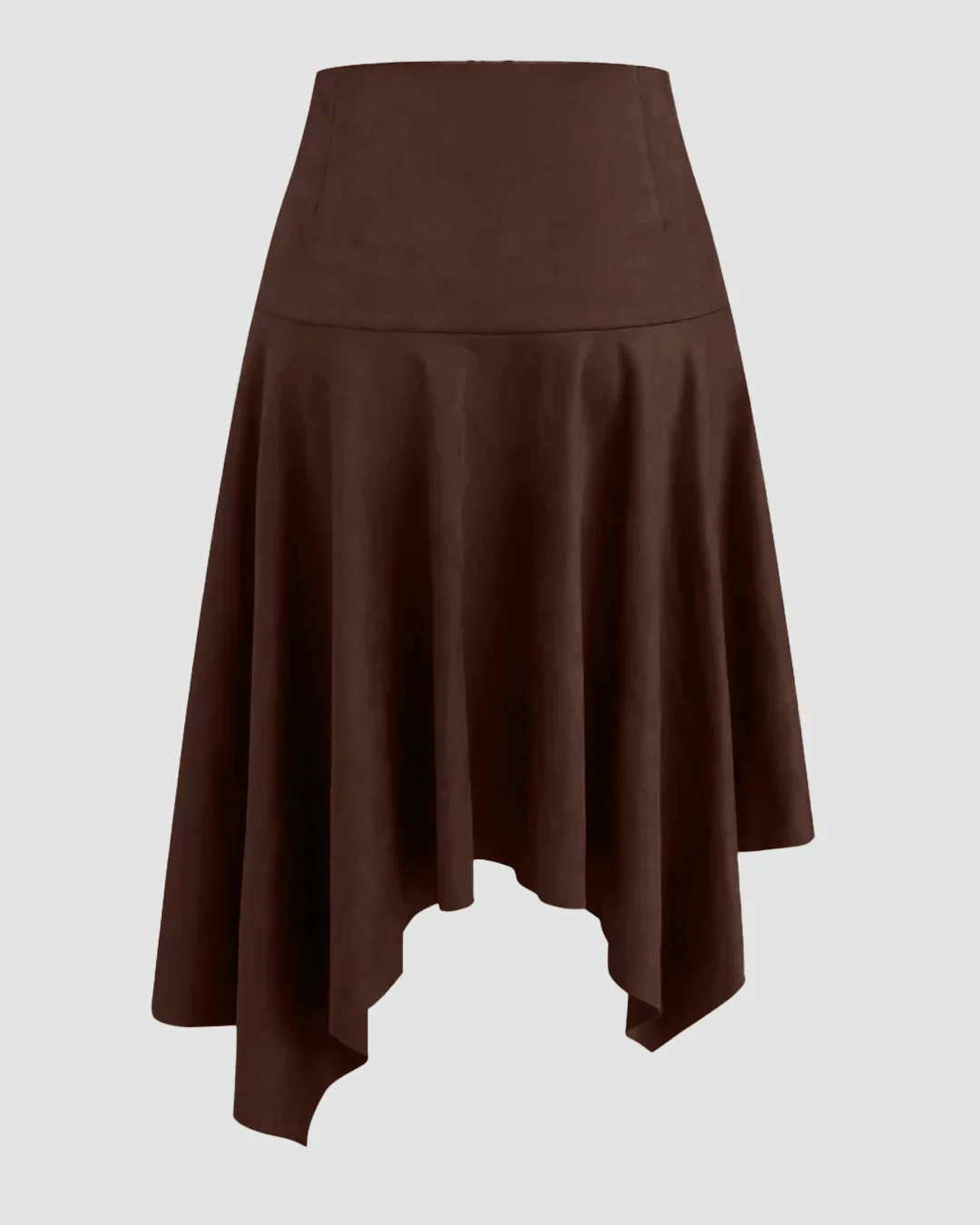 High-Waist Handkerchief-Hem Flared Midi Skirt in Dark Brown - Image 2