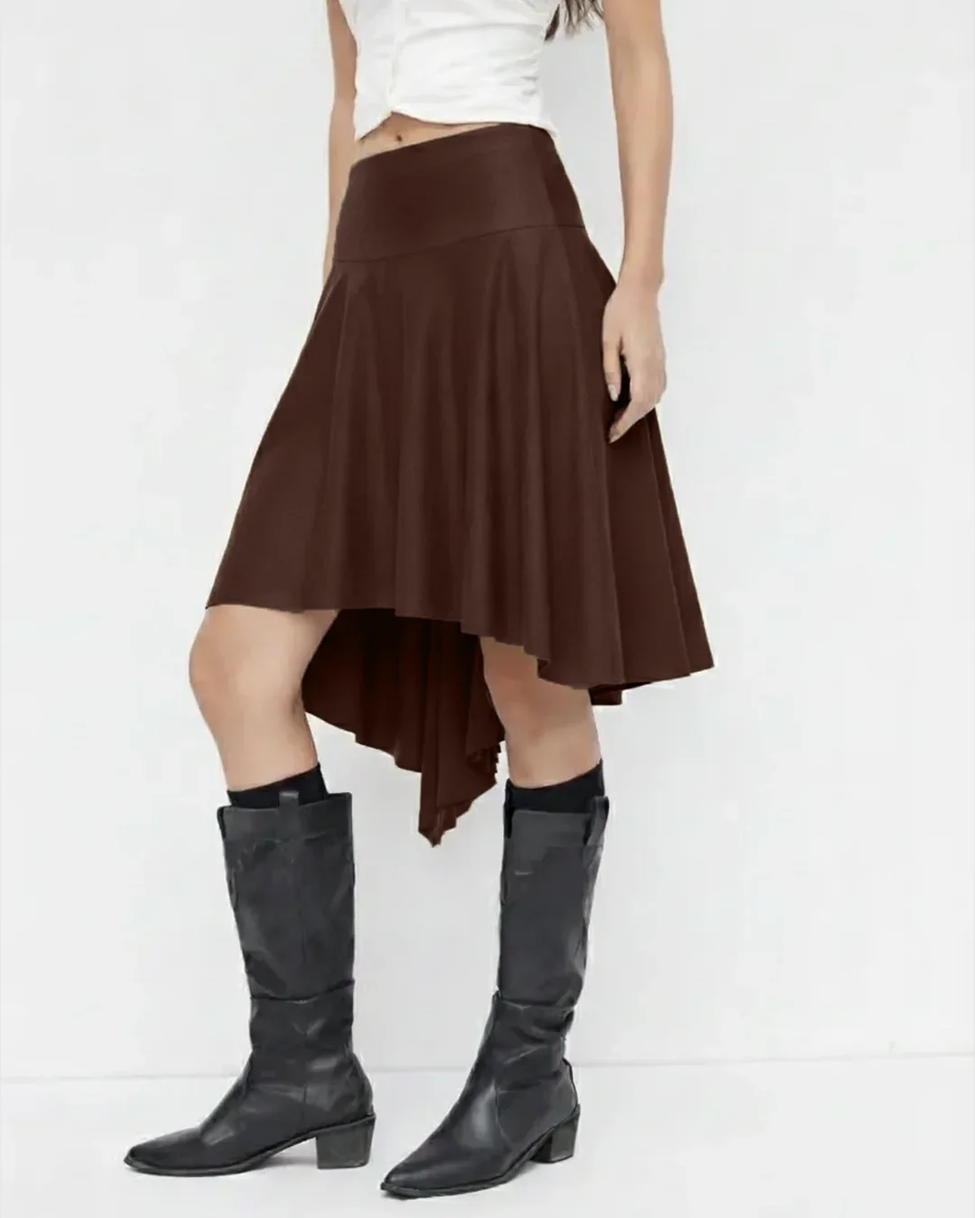 High-Waist Handkerchief-Hem Flared Midi Skirt in Dark Brown - Image 3