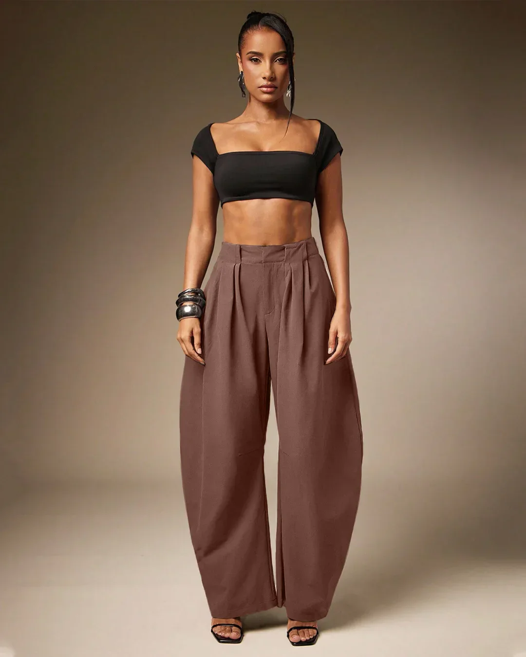 High-Waist Pleated Oversized Trousers in Brown - Image 2
