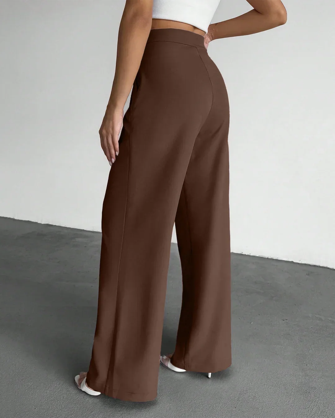 High-Waist Pleated Pocket Wide-Leg Casual Trousers in Rust - Image 2