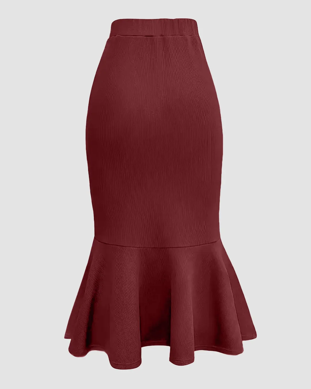 High-Waist Ruched Mermaid-Hem Midi Skirt in Maroon - Image 2