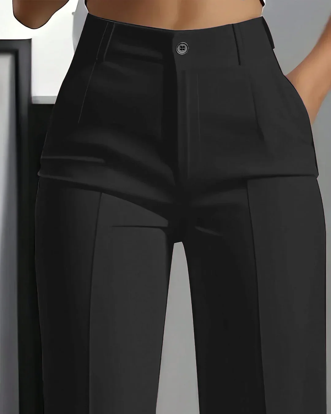 High-Waist Straight Loose Solid Color Button Zipper Pocket Pants in Black - Image 2