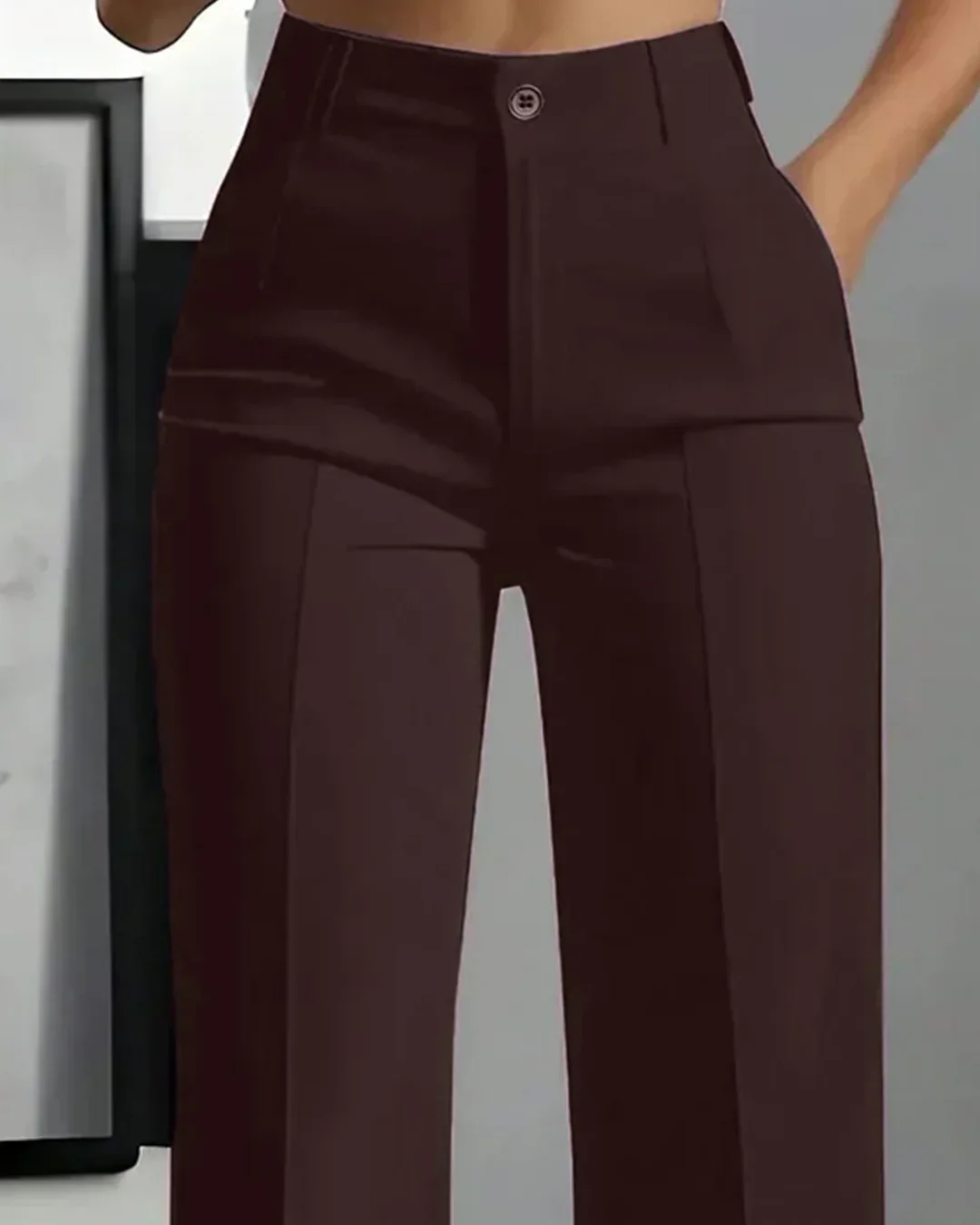 High-Waist Straight Loose Solid Color Button Zipper Pocket Pants in Purple - Image 2