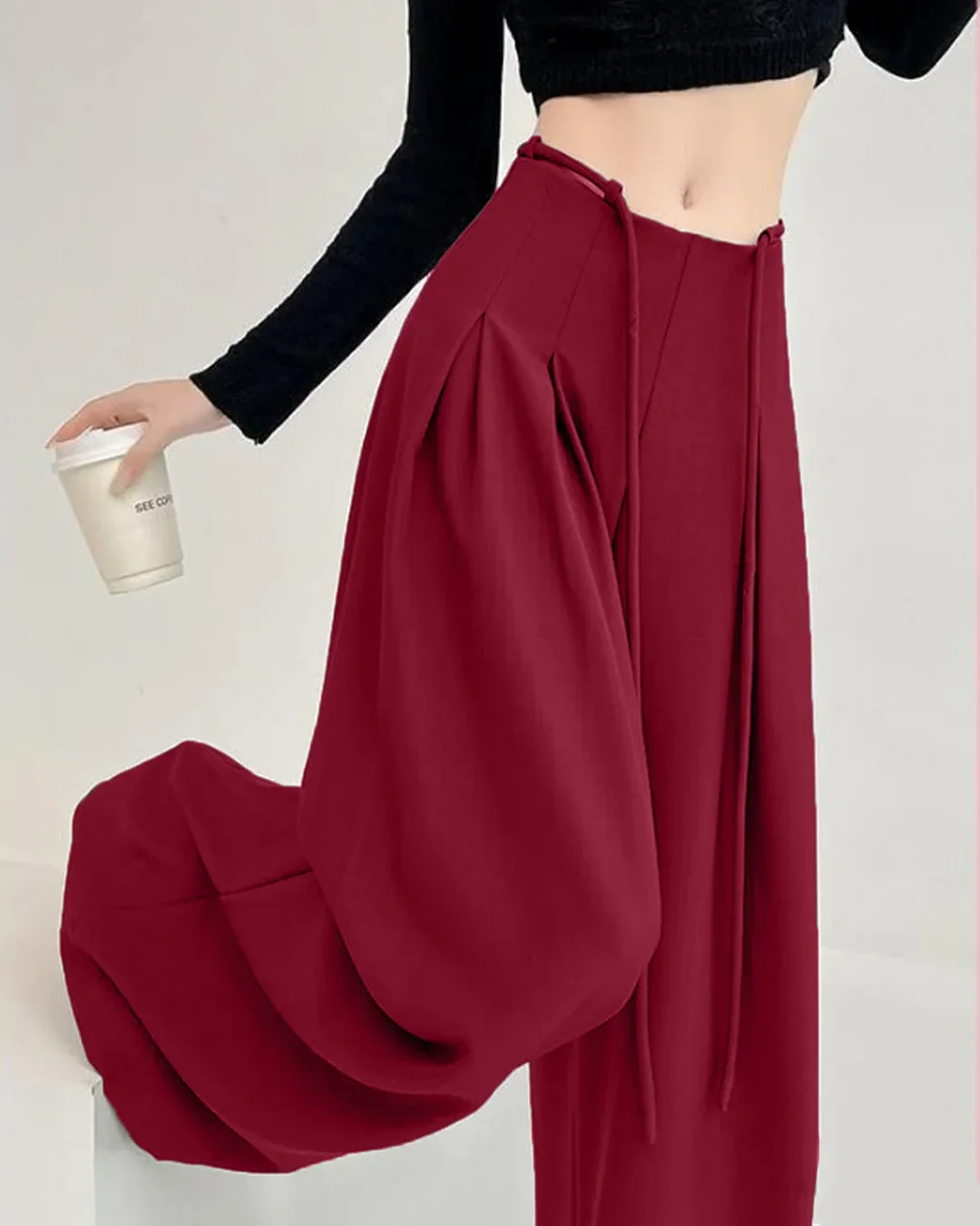 High-Waist Tie-Belt Pleated Wide-Leg Trousers in Burgundy - Image 2