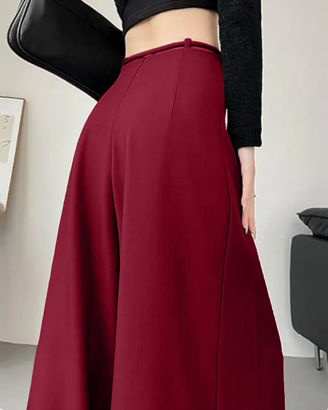 High-Waist Tie-Belt Pleated Wide-Leg Trousers in Burgundy - Image 3