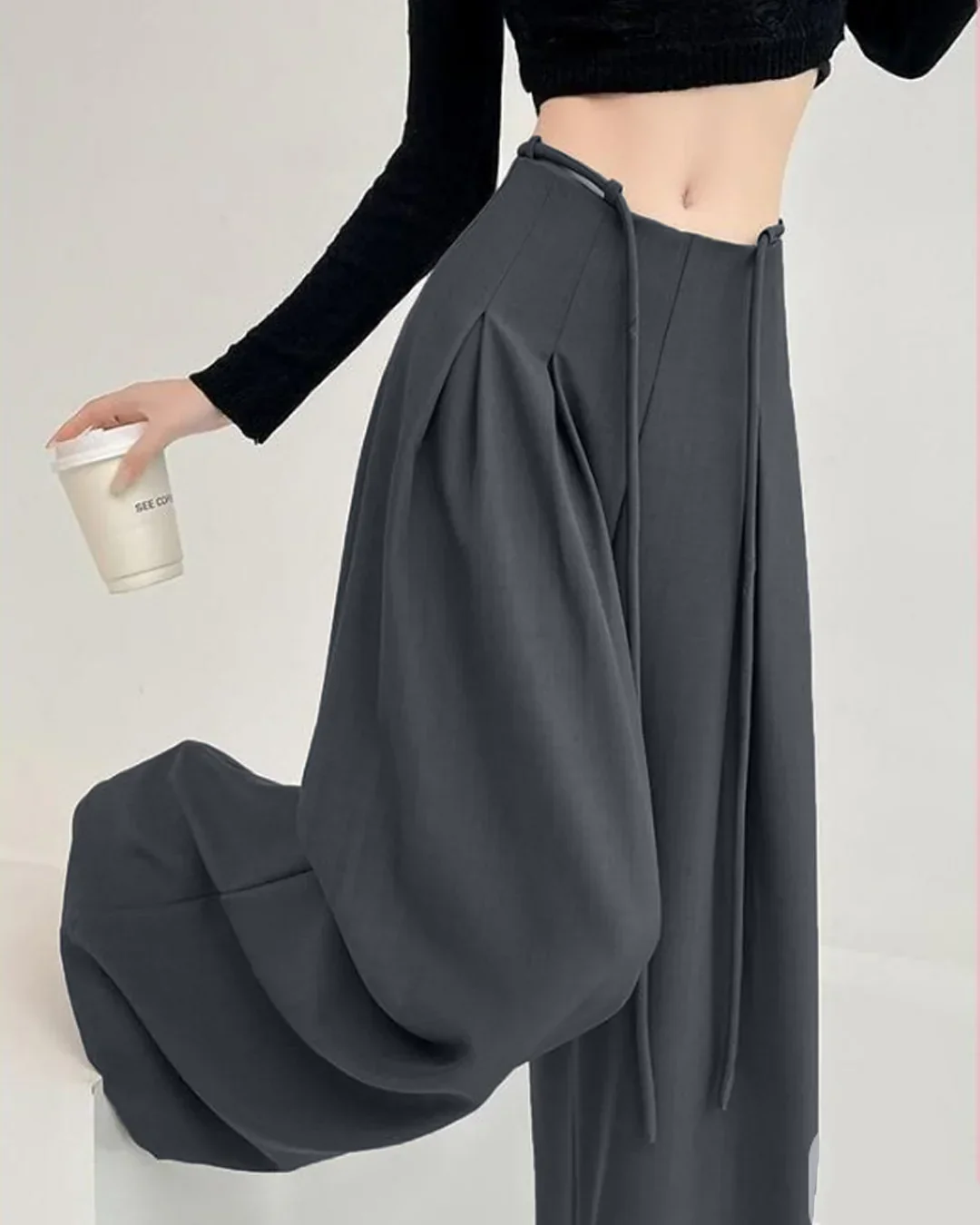 High-Waist Tie-Belt Pleated Wide-Leg Trousers in Dark Grey - Image 2