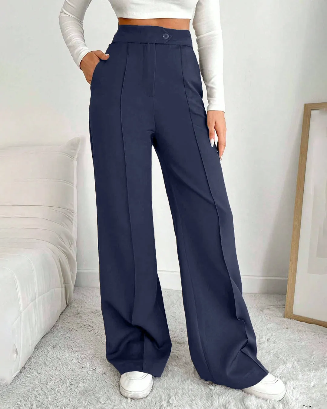 High Waist Wide Leg Formal Trousers in Navy Blue - Image 2