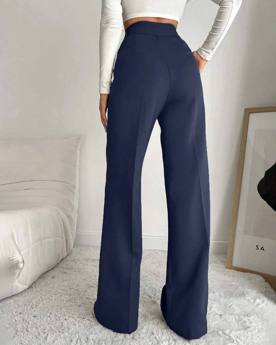 High Waist Wide Leg Formal Trousers in Navy Blue - Image 3