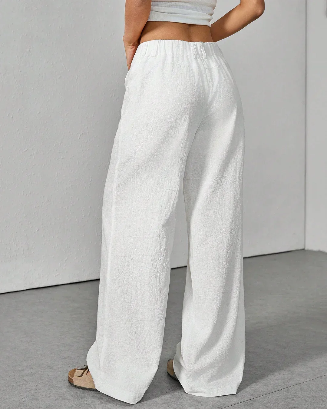 High Waist Wide Leg Linen Trousers In White - Image 2