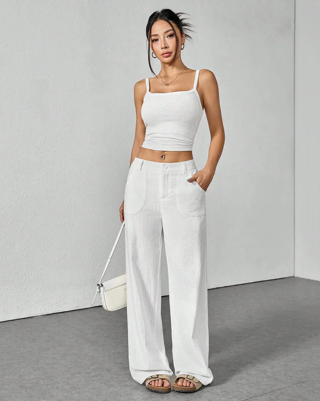High Waist Wide Leg Linen Trousers In White - Image 3