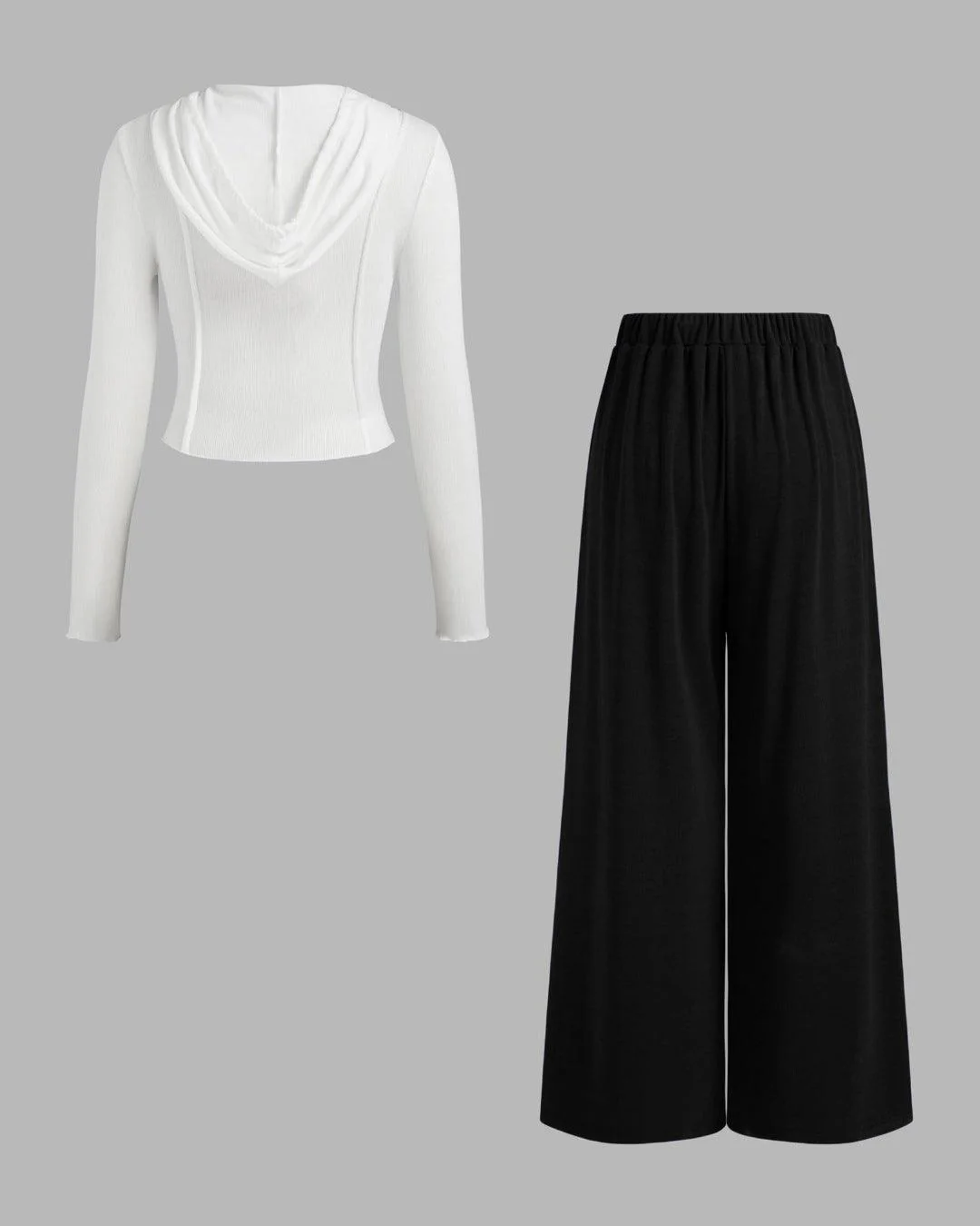 Hooded Solid Top & Mid Rise Pocket Wide Leg Trousers Set - Image 3