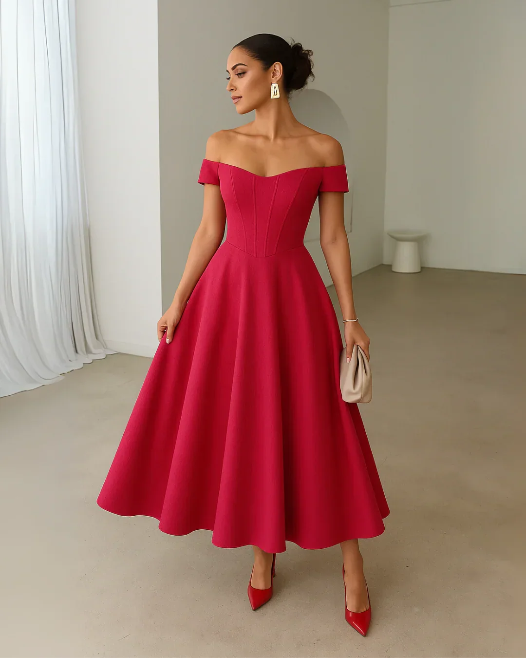 Hot Pink Faux Fishbone Design Romantic One-Shoulder Dress - Image 2
