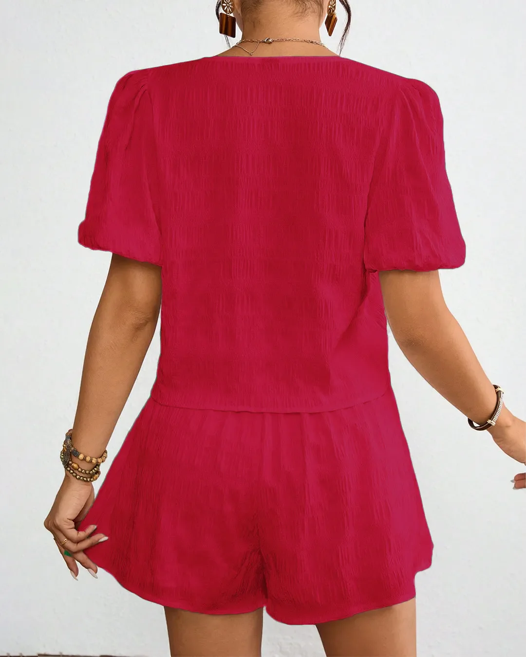 Hot Pink Puff Sleeve Crop Top & High-Waist Shorts Co-Ord Set - Image 3