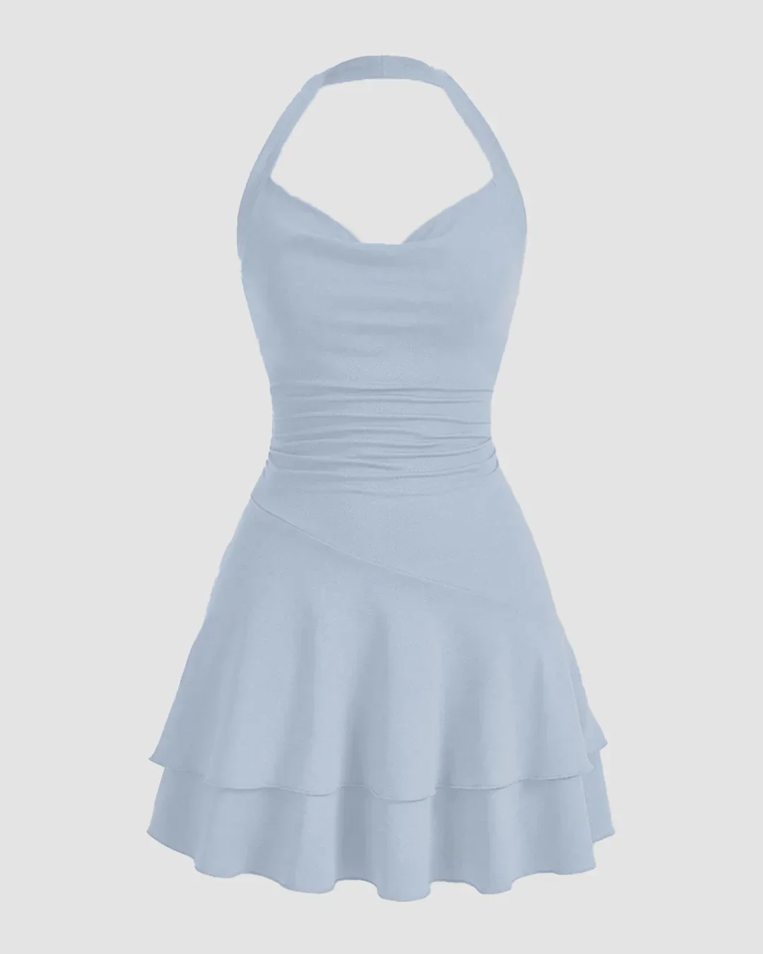 Ice Blue Halter Neck Ruched Skater Dress - Image 4