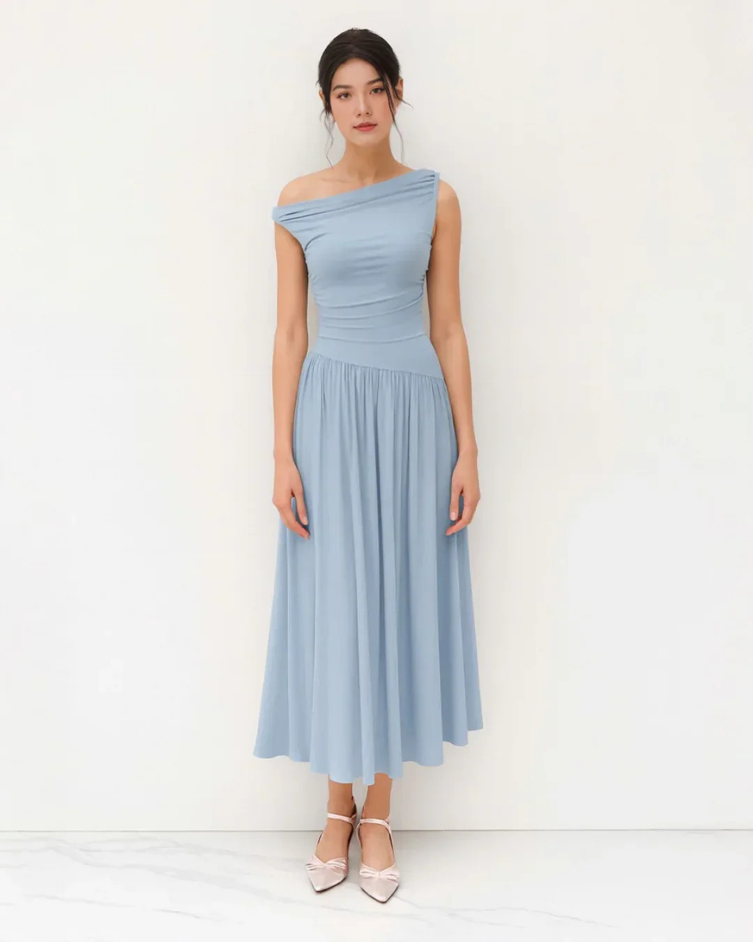 Ice Blue Off-Shoulder Fit & Flare Midi Dress - Image 2
