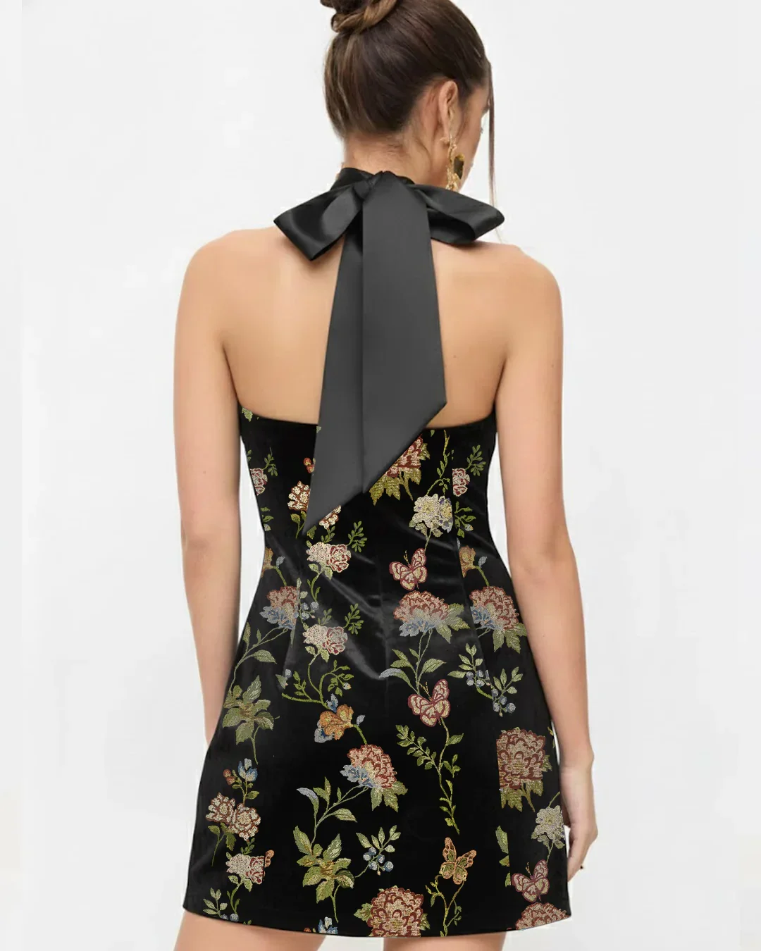 Jacquard Floral A-line Mini Dress with Bowknot scarf - Image 3