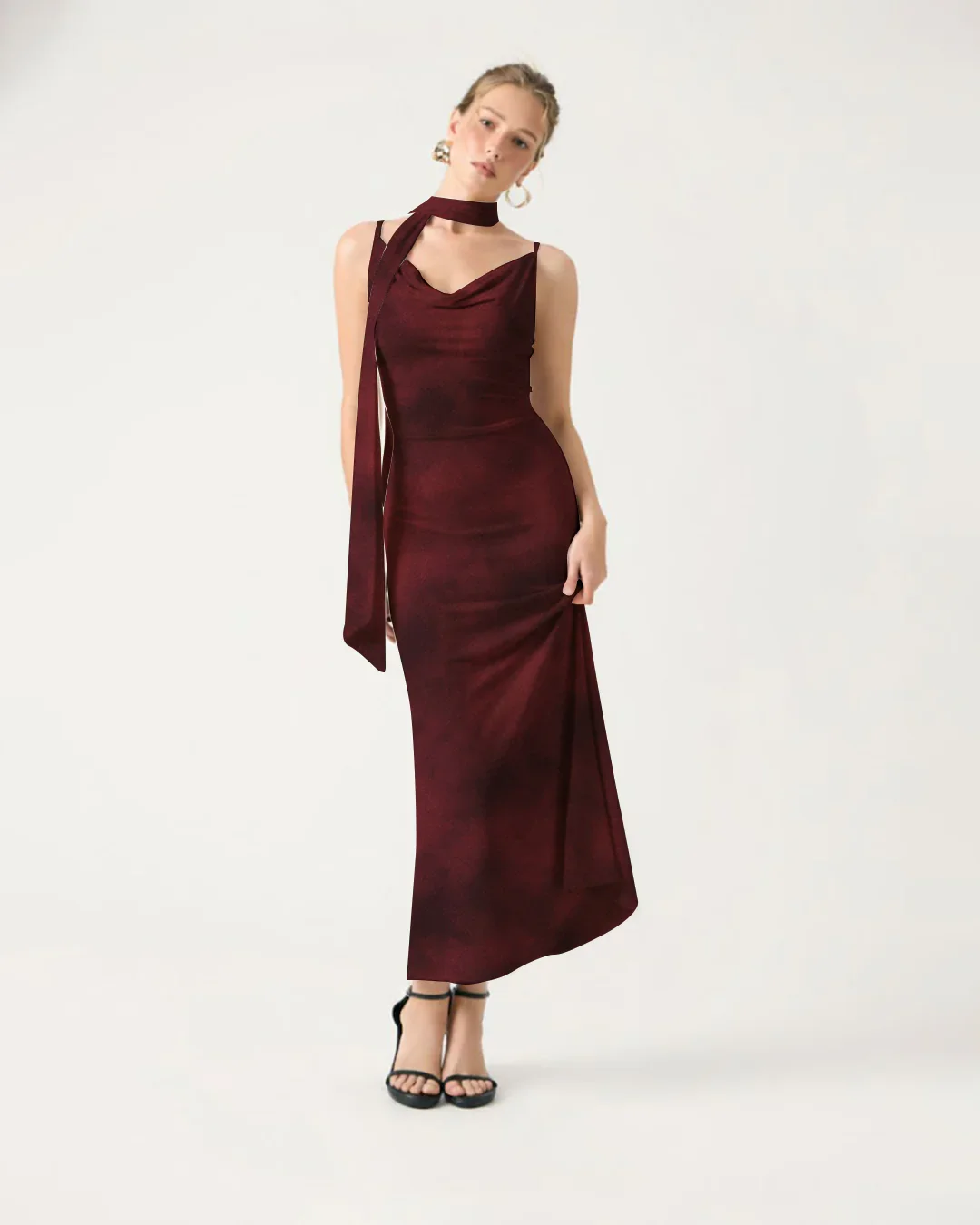 Jersey Cowl Neck Ruched Mermaid Maxi Dress With Scarf - Image 2