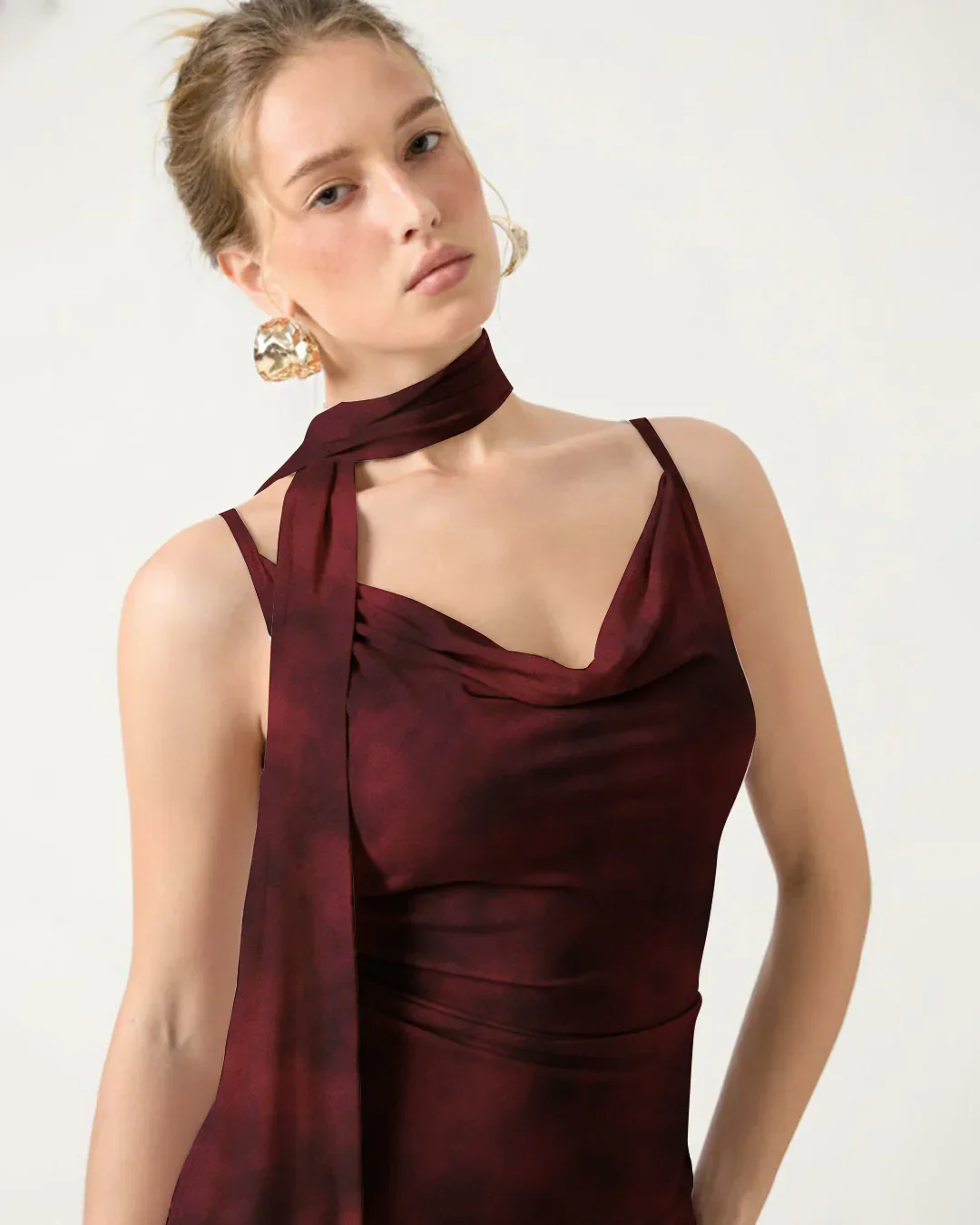 Jersey Cowl Neck Ruched Mermaid Maxi Dress With Scarf - Image 4