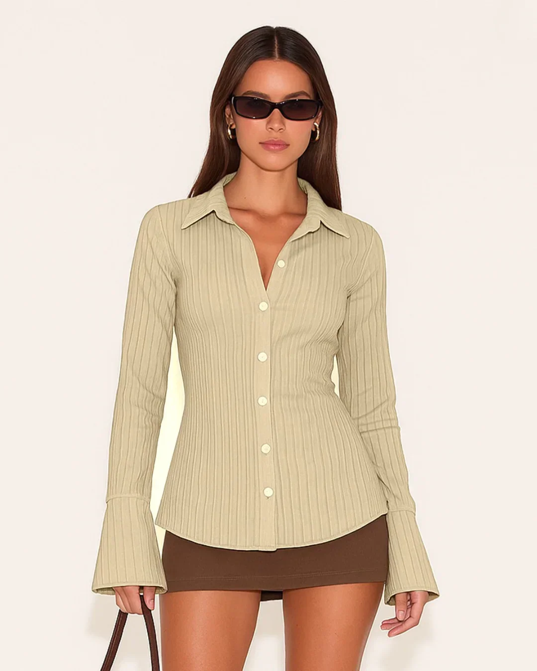 Party Fitted Collared Button Front Long Sleeve Shirt in Beige - Image 2