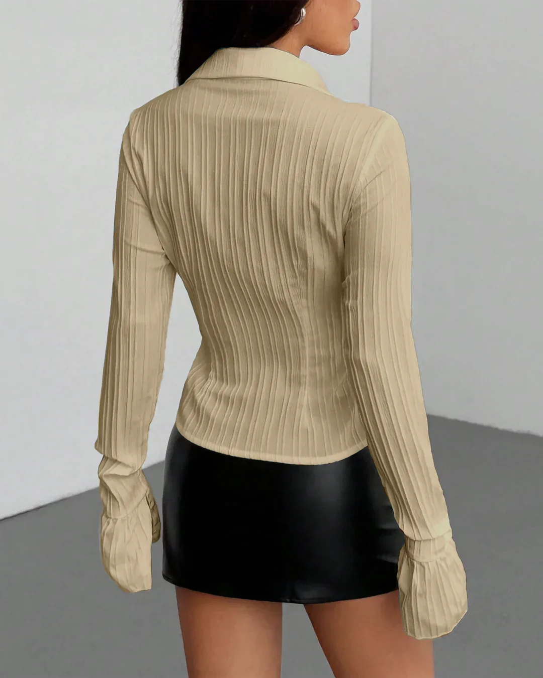 Party Fitted Collared Button Front Long Sleeve Shirt in Beige - Image 4