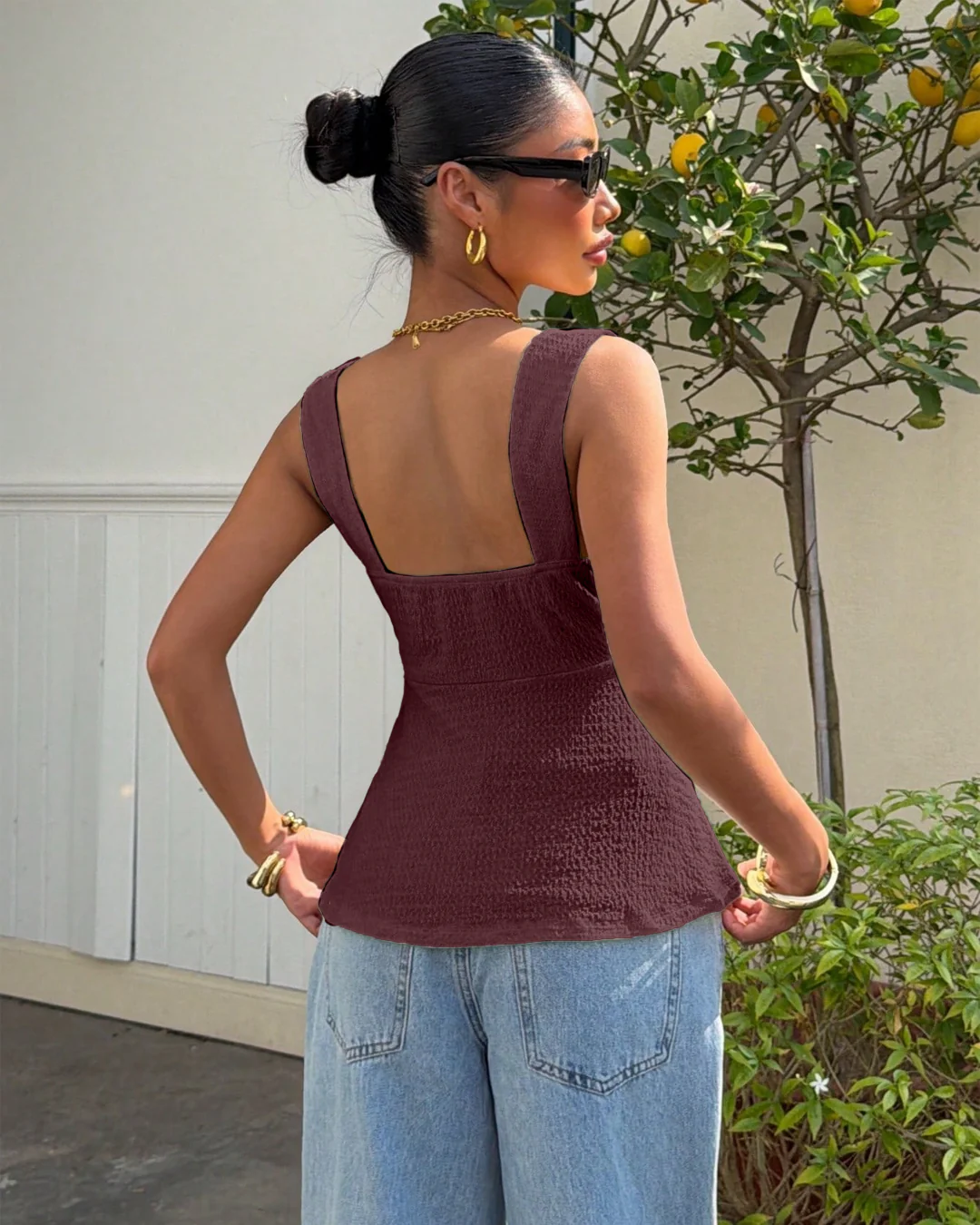 Knit Drawstring Sweetheart Neckline Top In Maroon - Image 2
