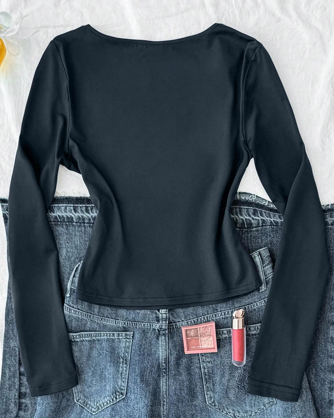 Knit Ruched Lace Trim Fitted Long Sleeve Top in Navy Blue - Image 2