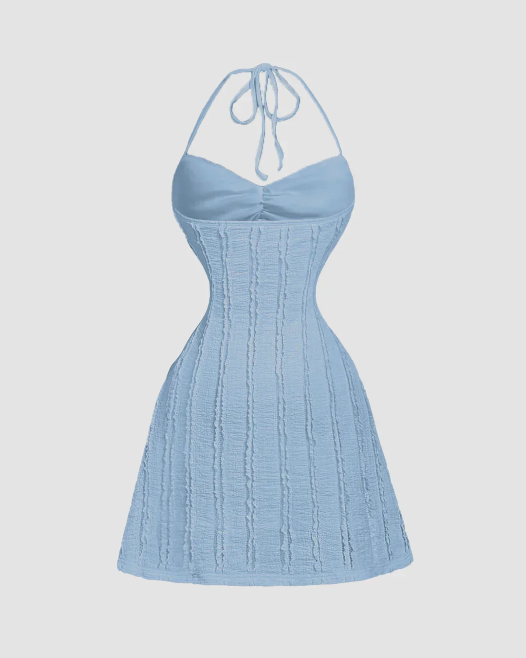 Knitted Halter Neck Back Tie Mini Dress in Dusty Blue - Image 2