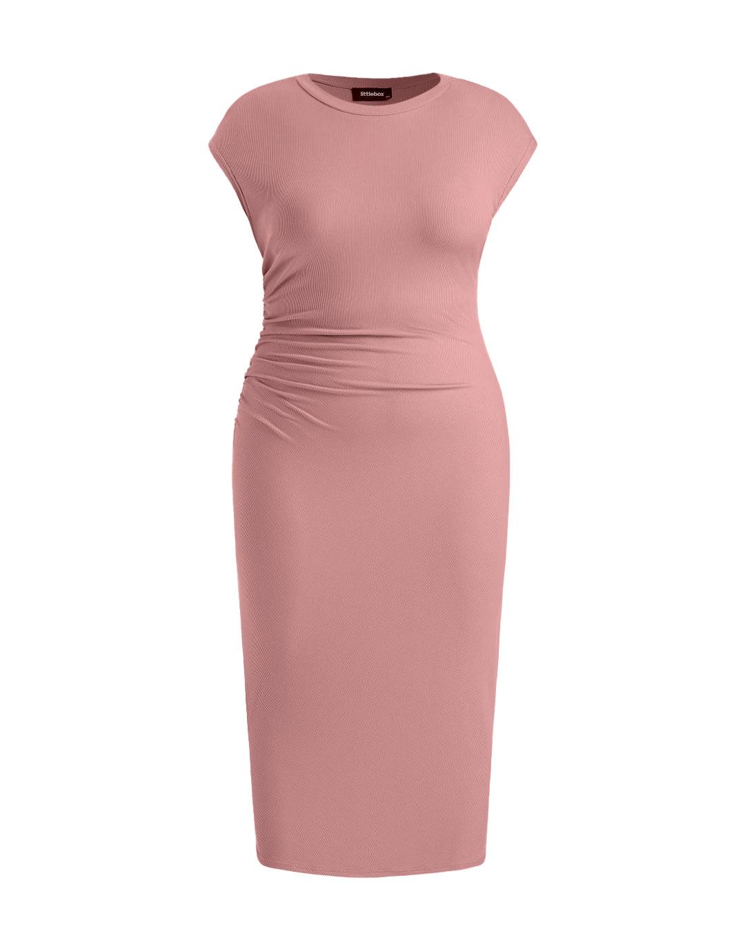 Knitted Short Sleeve Bodycon Dress With Pleated Waist In Pink Curve & Plus - Image 3