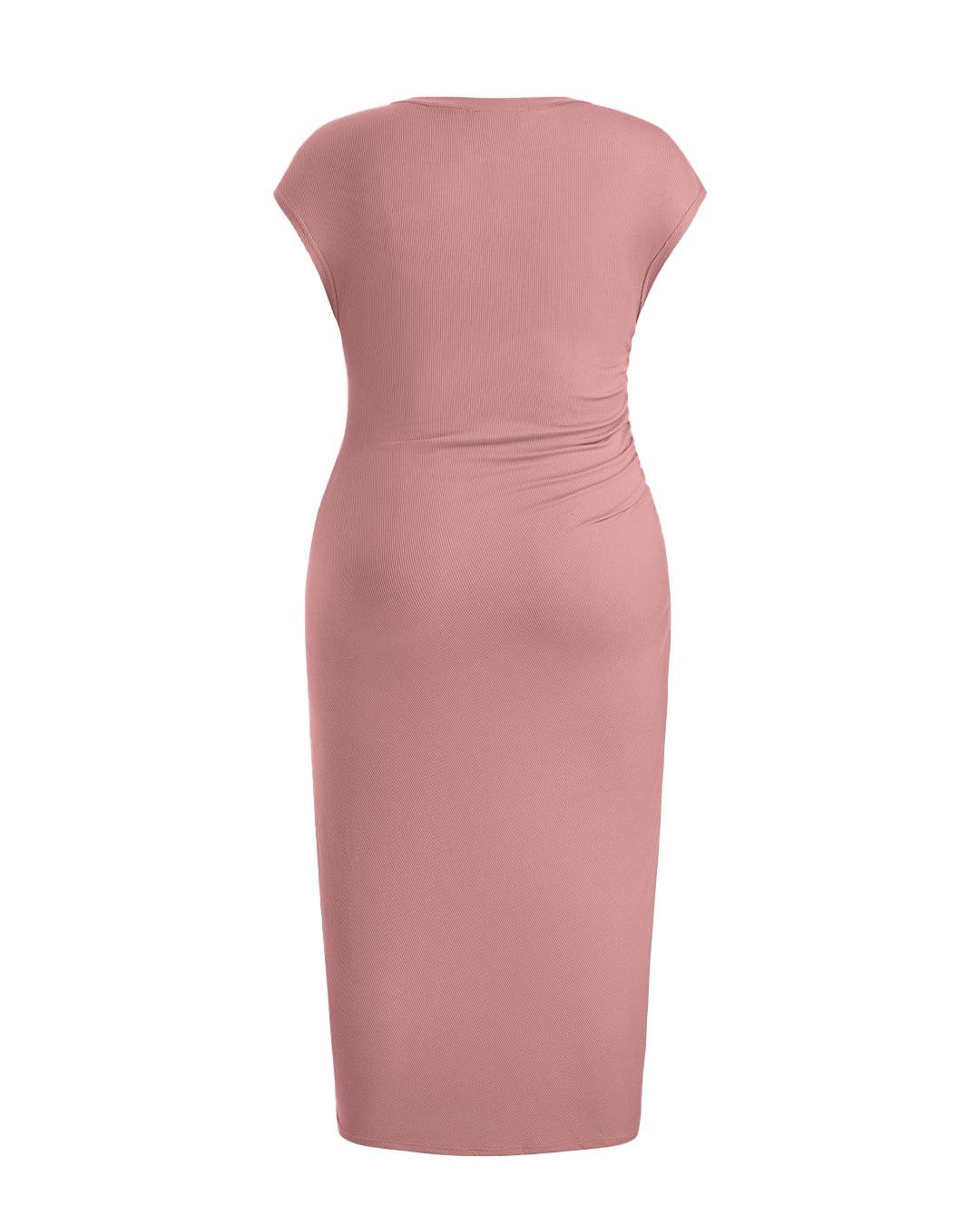 Knitted Short Sleeve Bodycon Dress With Pleated Waist In Pink Curve & Plus - Image 4
