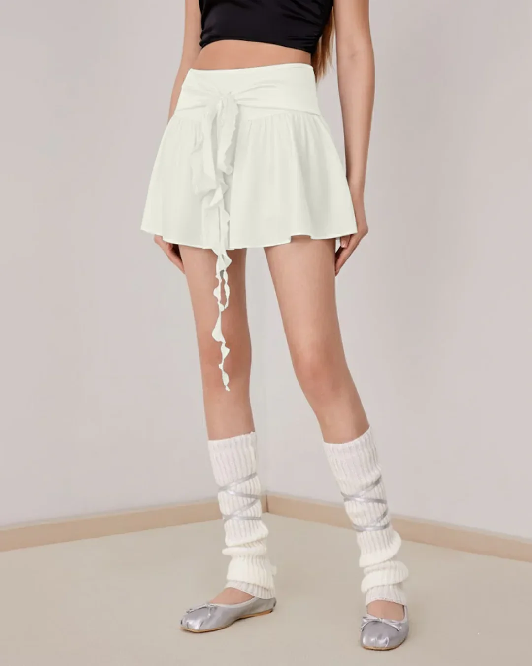 Knotted Ruffle High Waist Mini Skirt in Milky White - Image 2