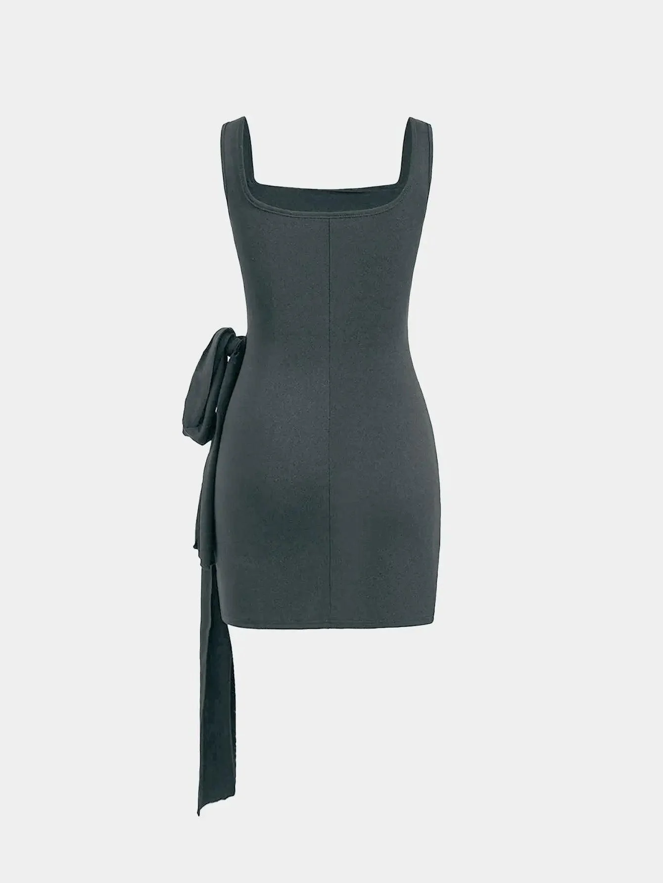 Knotted Tie Ruched Square Neck Sleeveless Grey Mini Dress - Image 2