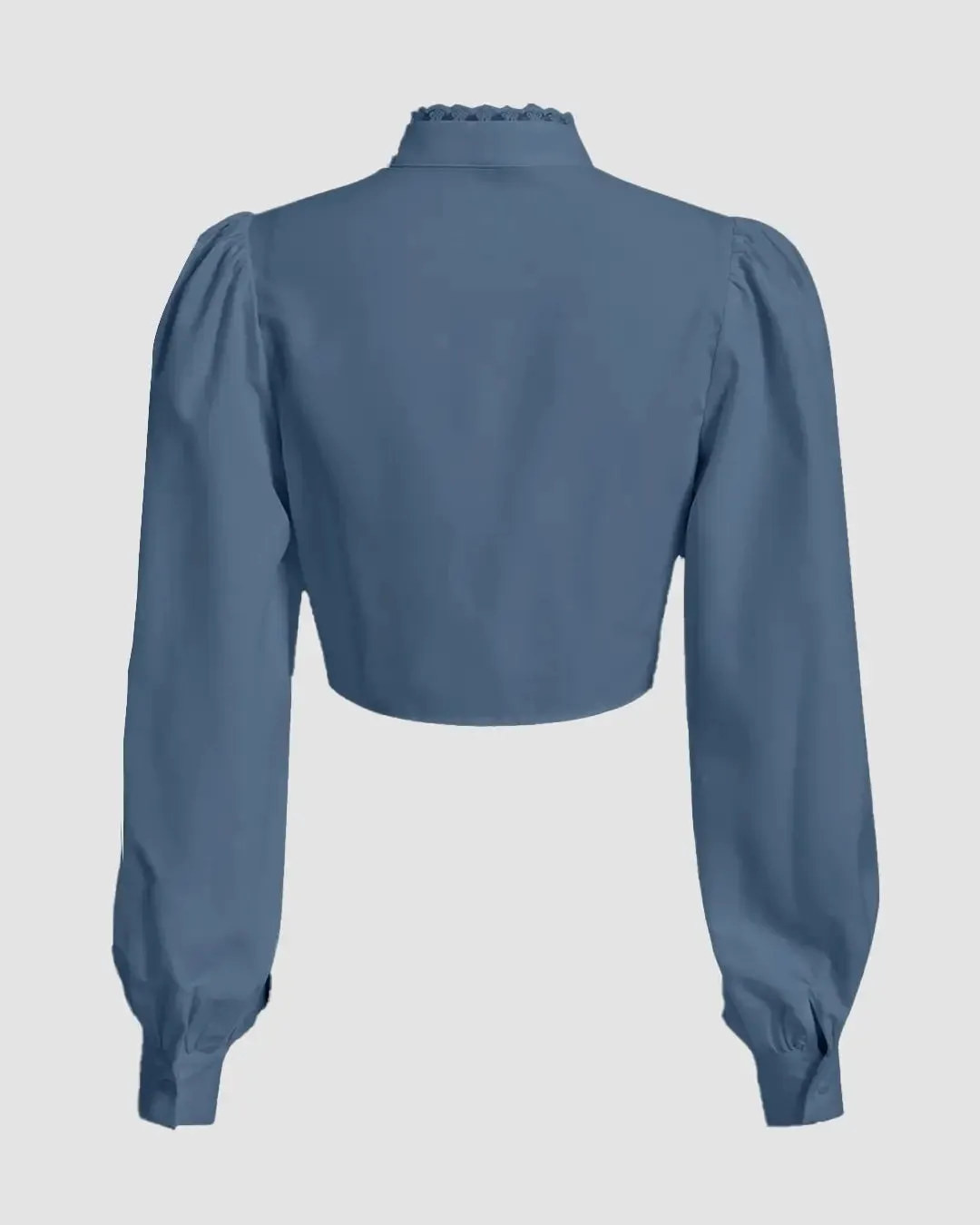 Lace Trim Tie Front Lantern Sleeve Shirt In Blue - Image 2