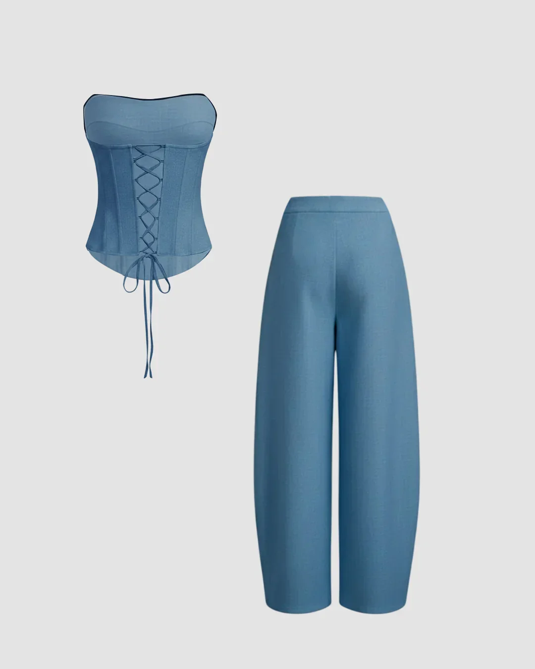 Lace Up Corset Bandeau Top & Mid Rise Barrel-leg Trousers Set in Dark Blue - Image 2