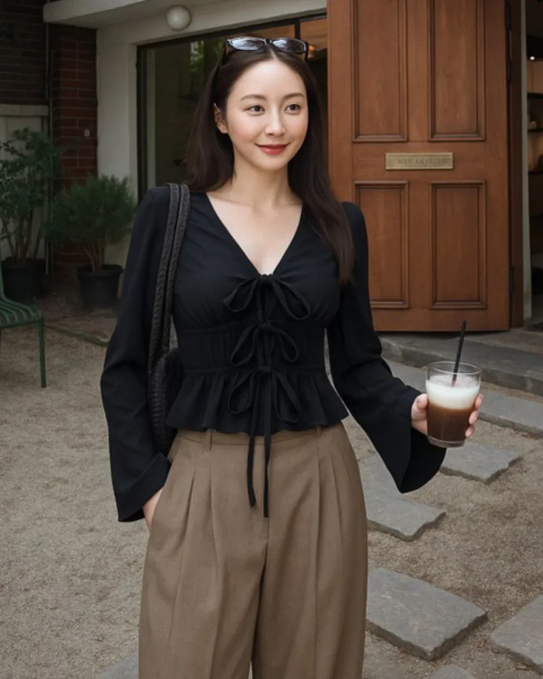 Lace-Up Flared Sleeve Peplum Top in Black - Image 2
