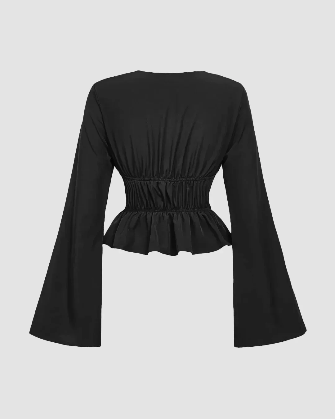 Lace-Up Flared Sleeve Peplum Top in Black - Image 3