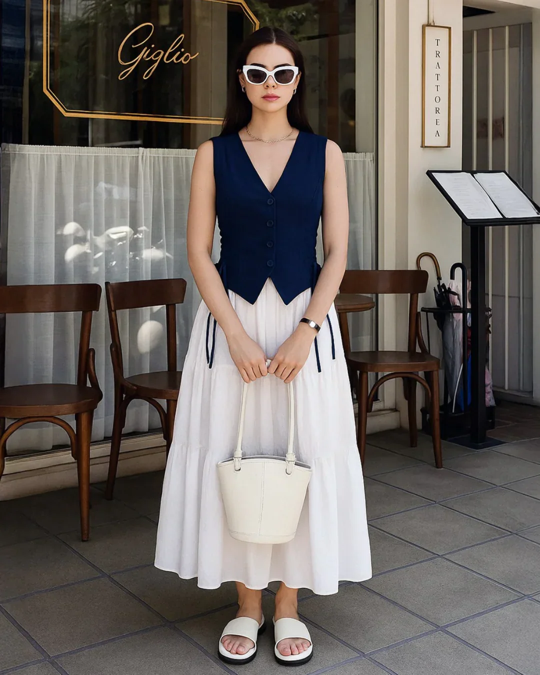 Lace-Up Side Button-Down Sleeveless Vest Top in Navy Blue - Image 2