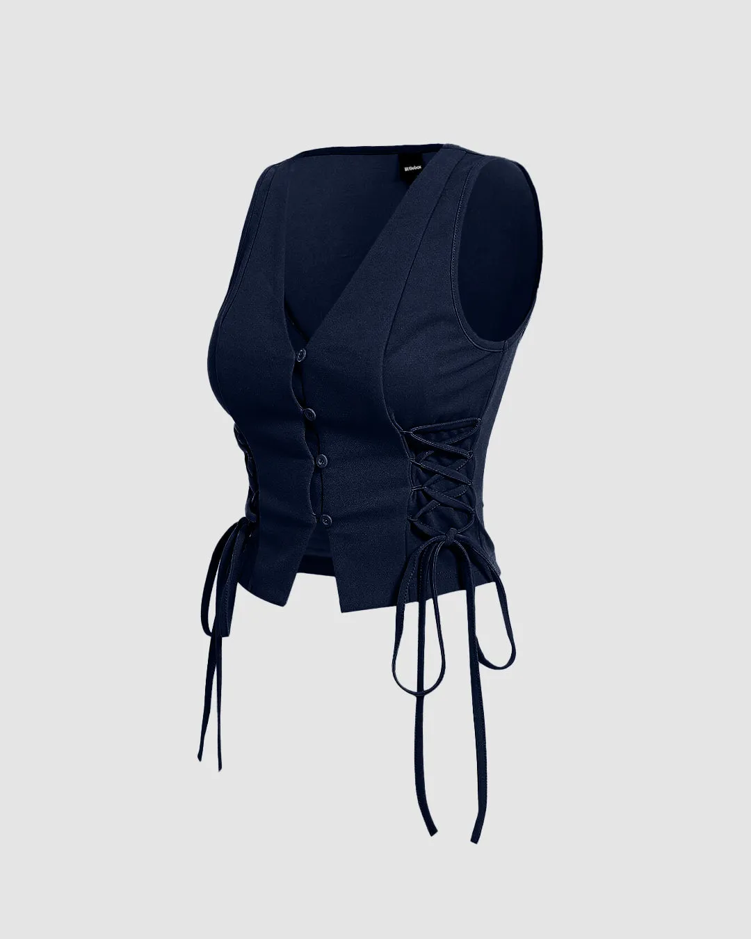 Lace-Up Side Button-Down Sleeveless Vest Top in Navy Blue - Image 3