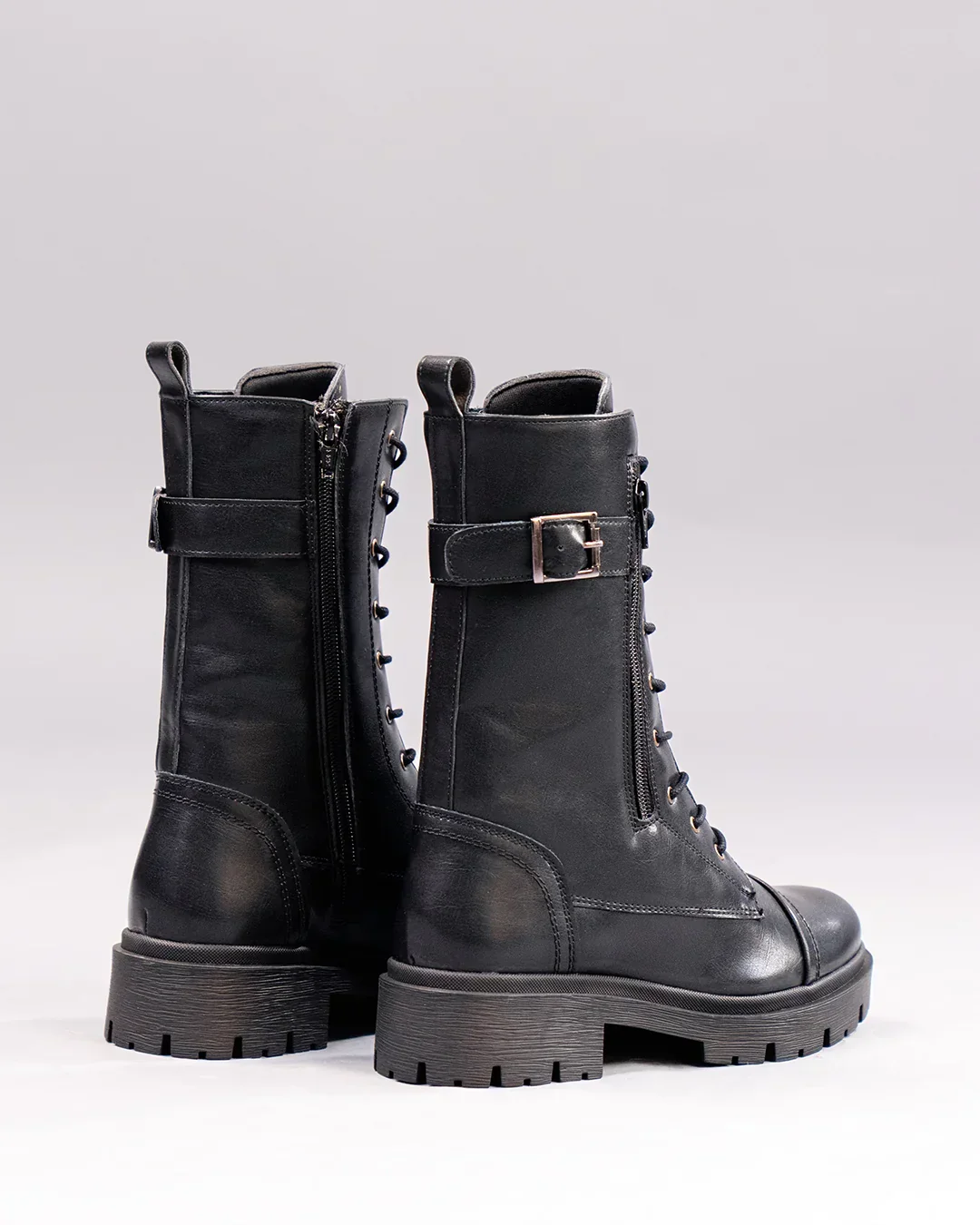 Lace-Up Slim Fit Solid Chunky Sole Mid-Calf Boots in Black - Image 2