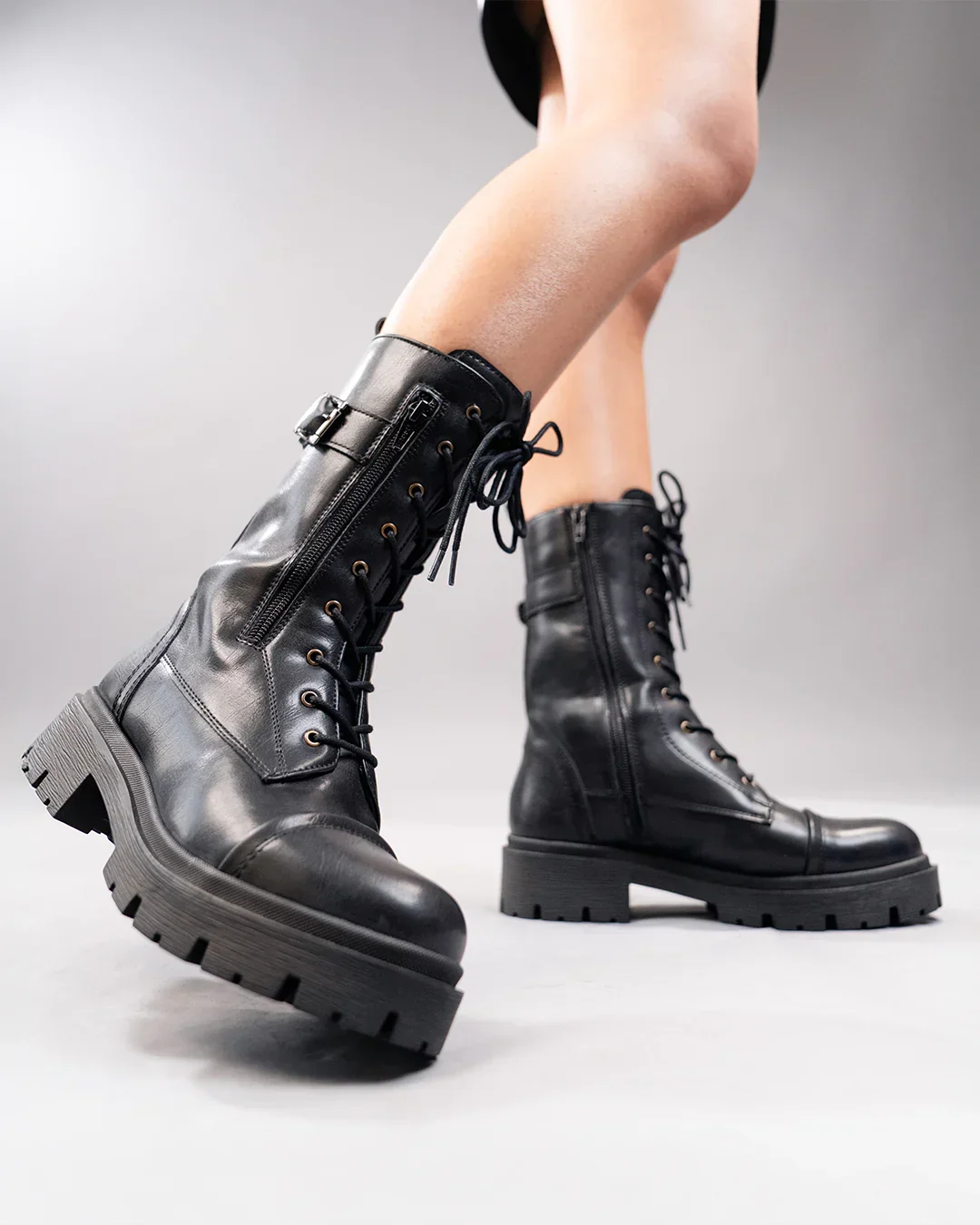 Lace-Up Slim Fit Solid Chunky Sole Mid-Calf Boots in Black - Image 3