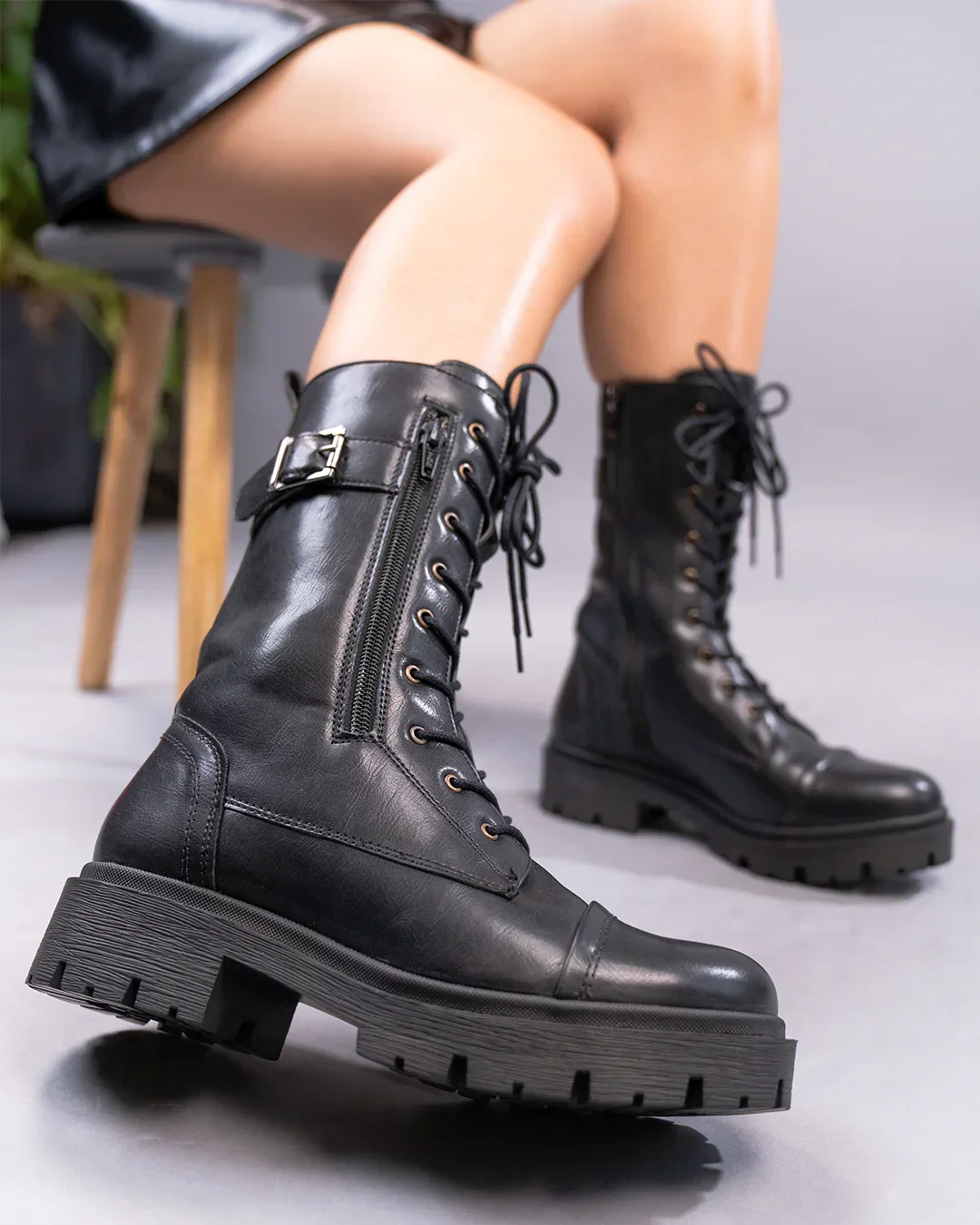 Lace-Up Slim Fit Solid Chunky Sole Mid-Calf Boots in Black - Image 4